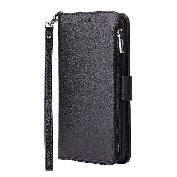 

for iphone 11 pro max xs xr x 8 7 plus leather zipper wallet phone case with rope holder card multiple viewing angles