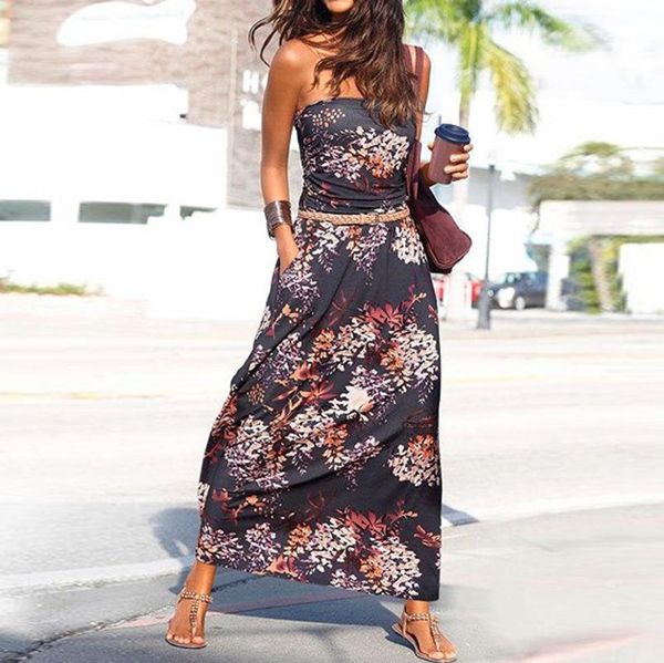 

women bandeau holiday off shoulder maxi dress fashion ladies summer beach print wrap chest long, White;black