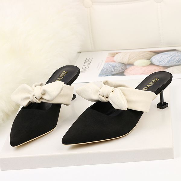 

women's summer mules slippers pointed toe high heels ladi fashion slip on woman slippers thin heels butterfiy knot slides, Black