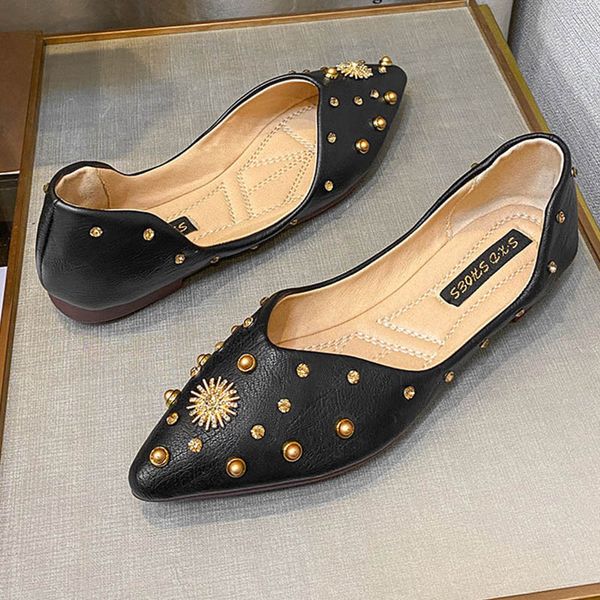 

34-41 woman crystal flower studs ballet flats soft bottom ballerina shoes women loafers pointeed toe metal rivets moccasins 2020, Black