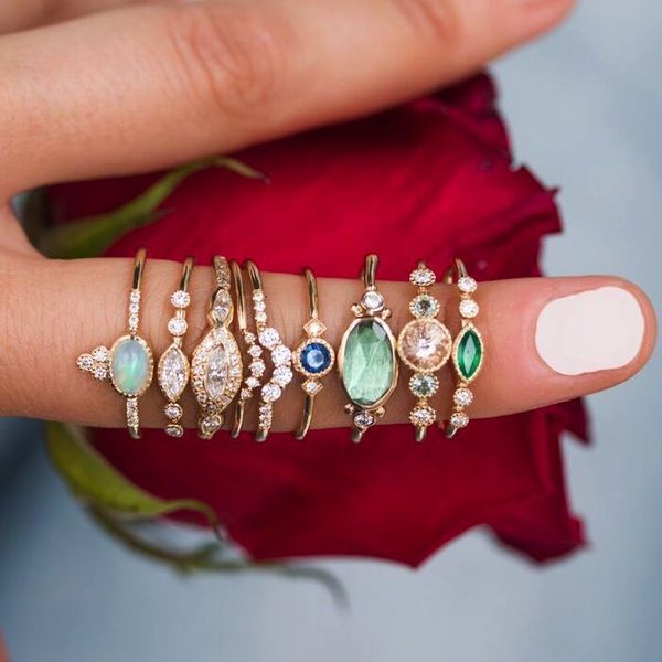 

oval fire opal cz gold color ring wholesale wedding party gift for women jewelry ring size 5 6 7 delicate thin simple midi, Golden;silver