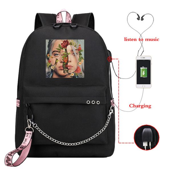 

leather luggage tagbillieeilish bili elish fashion iron chain usb double wiring backpack purse hook