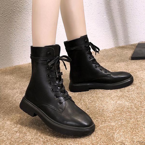 

winter 2020 leather women boots autumn retro booties ankle boots platform women rubber shoes zapatos de mujer, Black
