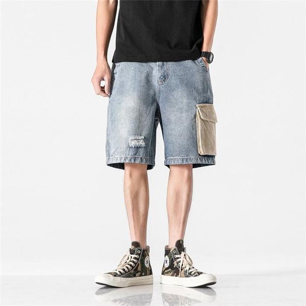 

summer loose with pocket beach short pants male knee length mens splice denim shorts, White;black