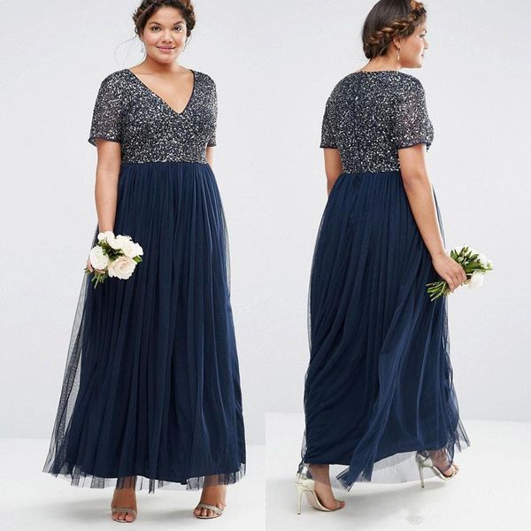 

2018 Sequins Plus Size Formal Prom Dresses V Neck Short Sleeve Ankle Length Evening Gowns Dark Navy Party Dress
