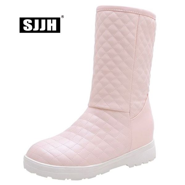 

sjjh women flat snow boots with round toe slip-on plush mid-calf boots winter fashion casual shoes large size e273, Black