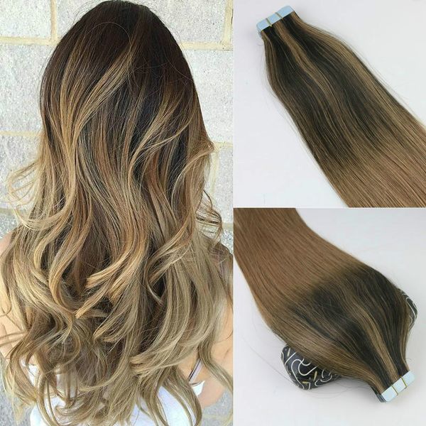

100gram 40pcs tape in human hair extensions balayage ombre color brown brazilian virgin hair seamless pu skin weft, Black