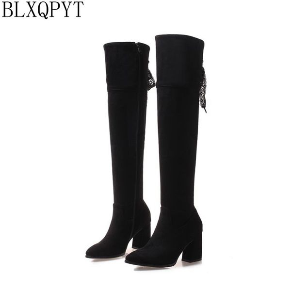

blxqpyt big size 32-47 style over the knee boots women shoes pointed toe pleated suede high heels long thigh high boots 218-26, Black