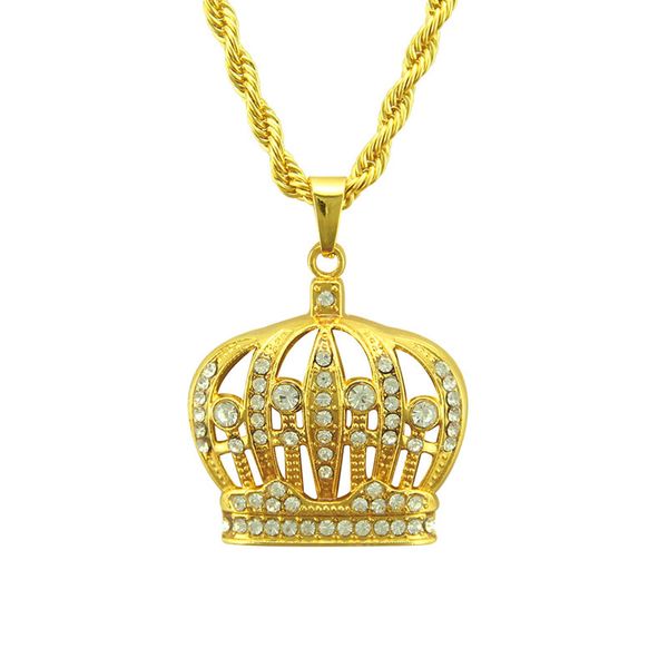 

men women iced out king crown hip hop pendant necklace gold color with chain hip hop bling bling jewelry gift, Silver