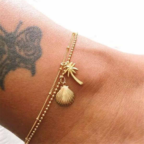 

gold metal shell coconut tree female anklets barefoot sandals foot summer double layers anklets on foot ankle bracelets, Golden;silver