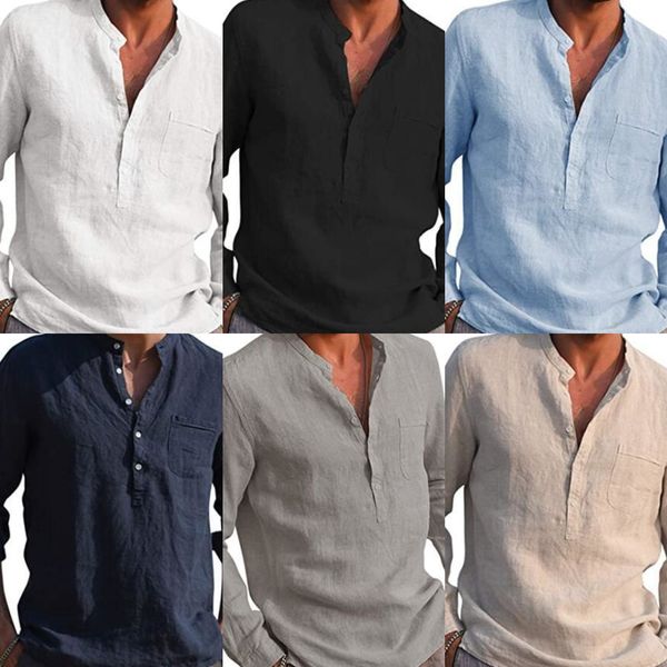 

2020 long sleeve v-neck casual beach linen 2020 men's clothing shirt long sleeve v-neck casual beach linen shirt men's clothing 4i, Blue