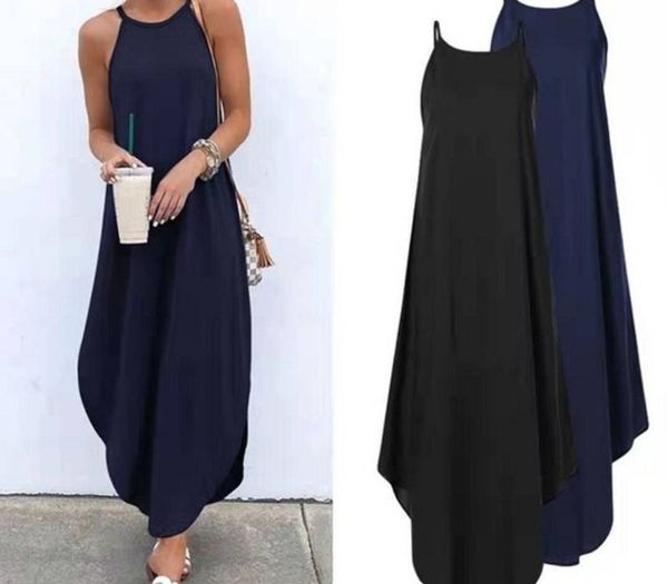 

women dress summer 2020 casual sleeveless retro halter solid beach long dress round neck sling fashion beach clothes plus size, Black;gray