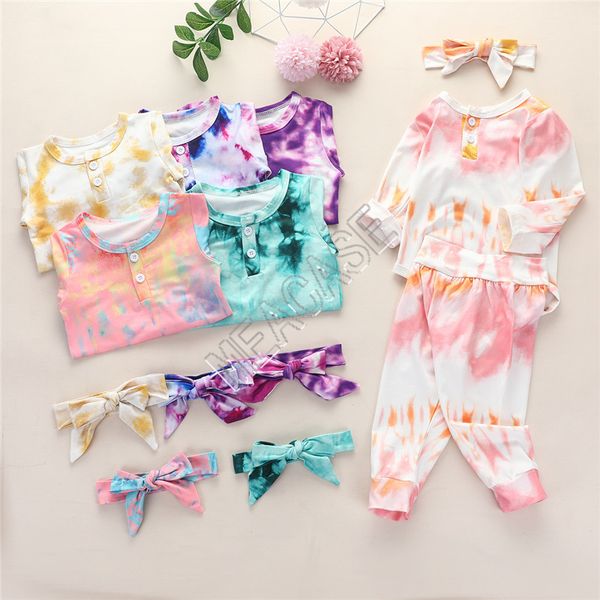 

autumn kids baby clothes tie dyed 3 pieces sets bodysuits long sleeve romper + pants + headbands outfits child boutique clothing d82506, White