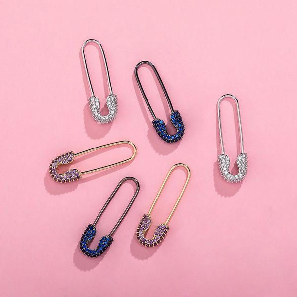 

hip hop punk rock style safety pin ear hook iced out cz stud earrings exquisite jewelry gift for women men, Golden;silver