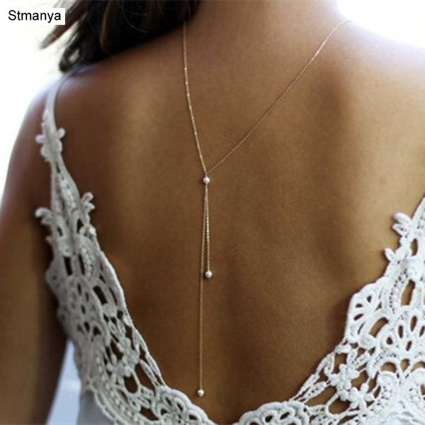 

dual function body jewelry simple pearl necklace back chain for wedding fashion body jewerllery chains women necklace d1111, Silver