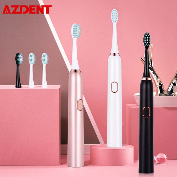 

azdent usb rechargeable electric toothbrush pink white black 3 modes oral cleaning brush 2 min timer waterproof 30s reminder