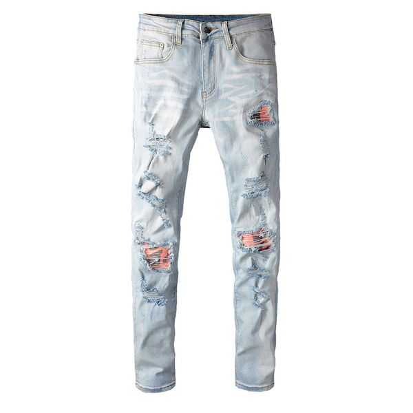 

mens ripped slim fit jeans fashion patchwork washed motocycle denim pants panelled hip hop biker trousers pn655, Blue