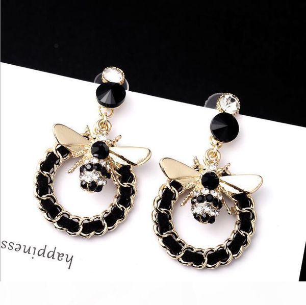 

роскошные дизайнерские серьги с черным камнем золотого сплава bee смазливой круг серьгой для женщин ювелирных изделий подарка, Silver