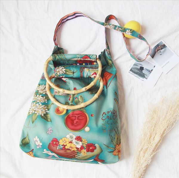 

little paris handmade time bamboo handle handle dual use canvas bag shopping bag womens oil painting pattern tote bag
