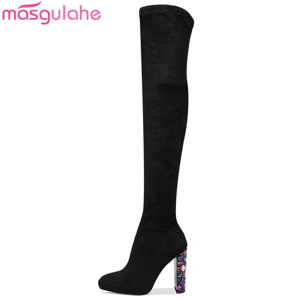 

boots masgulahe 2021 arrive over the knee thick heels round toe ladies shoes black color women
