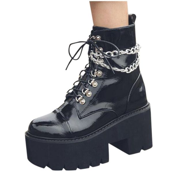 

boots sagace shoes winter patent leather round toe chain zipper punk style platform women 5cm square heels botas de mujer, Black