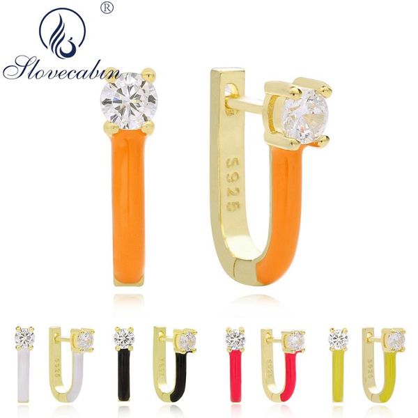 

hoop & huggie slovecabin original 925 sterling silver orange pink enamel 18k huggies earrings pave cz women party gift, Golden;silver