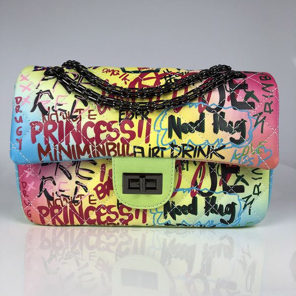 

women's shoulder bag high-end designer brand handbags graffiti link turn lock pu fashion messenger bag large-capacity handbags
