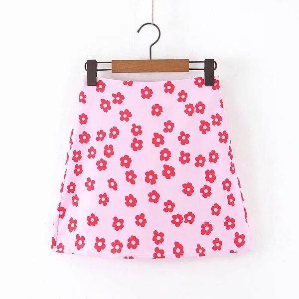 

Vacation Style Flower Printing Women Pink Satin Mini Skirt 2019 Autumn Leisure Lady A-line Skirts P1509