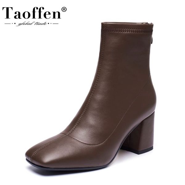 

boots taoffen short for women square toe thick heel zipper ankle shoes solid color casual ladies footwear size 34-39, Black