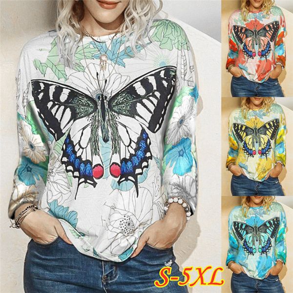 

plus size t shirts womens designer long sleeve clothing batterfly pattern o neck slim autumn women tshirts, White