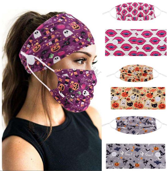 

2020 designers masks headband two-piece set halloween print fitness yoga turban face mask headbands button ear protective adults gym d82704, Slivery;white