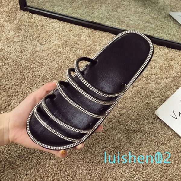 

women's sandals and slippers 2020 new summer wild rhinestone flat slippers fashion open toe female sandals and l12, Black