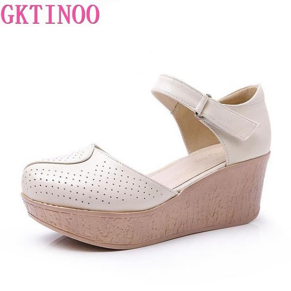 

gktinoo 2020 summer new style hollow sandals casual women's high heels platform shoes wedges genuine leather shoe, Black