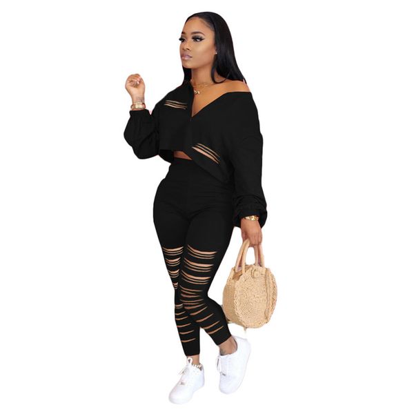 

wmens soild color tracksuits fashion hole womens two piece set casual crew neck with zipper suits, Gray