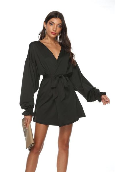 

womens puff sleeve dress designer solid black sashes v neck pleased dresses femsles fsshion night club dress, Black;gray