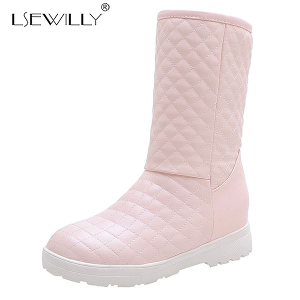 

lsewilly plus size 33-50 fashion mid calf boots women round toe slip on flat winter boots casual keep warm snow womens, Black