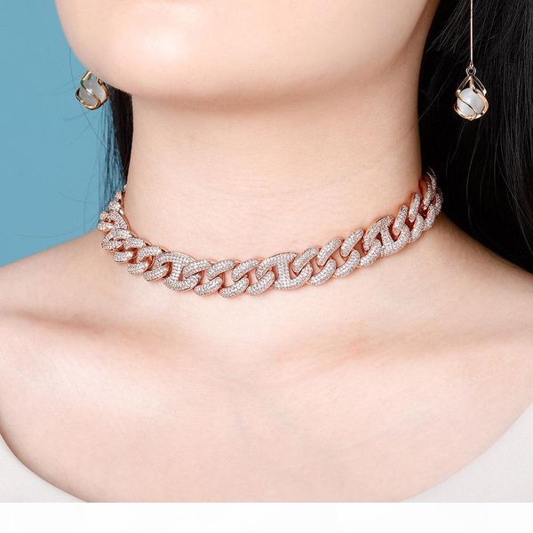 

14mm wide miami link chains for hip hop men and women rose gold with full diamond necklace, Silver