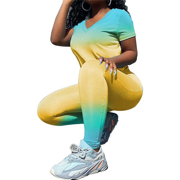 

women's tracksuits 2 pcs women gradient tie-dye printing suit short-sleeved v-neck t-shirt + elastic waist slim trousers, Gray