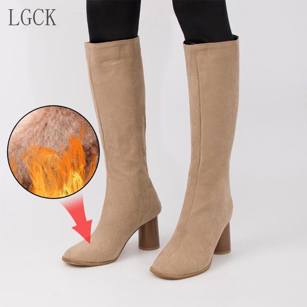 

boots plus size 34-48 fashion autumn winter women round toe zip high heels shoes knee 2021, Black