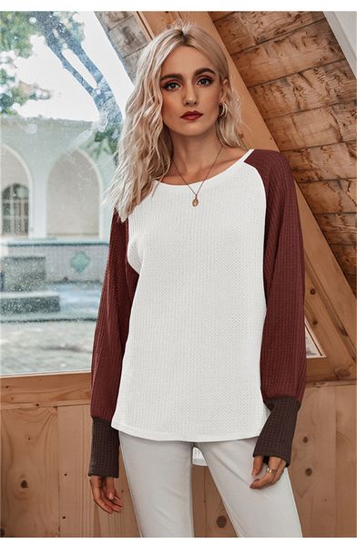 

style women tshirt fashion panelled natural color tshirt casual long sleeve crew neck women clothing, White