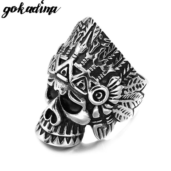 

gokadima stainless steel skull rings tribe chiefs head punk rock men ring jewelry wr308, Golden;silver