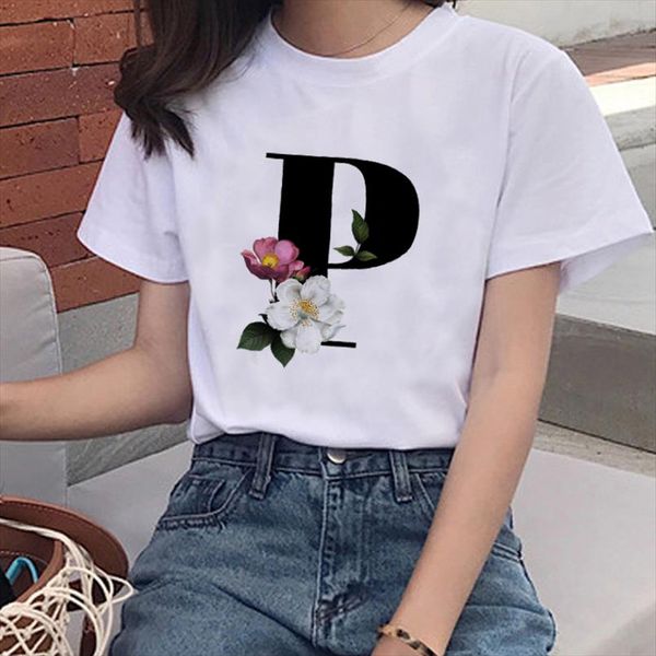 

new summer fashion womens t shirt 26 letter name combination flower alphabet font harajuku casual tshirt graphic tees women, White