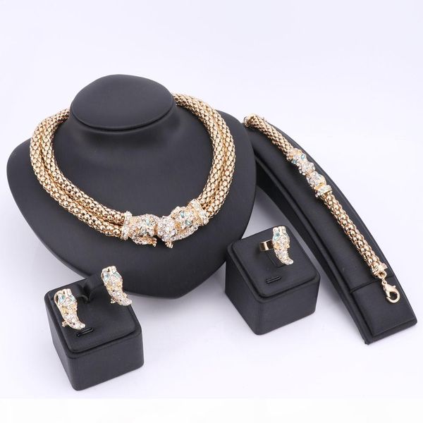 

color jewelry set for women wedding fashion leopard imitation crystal gold plated necklace earrings bracelet rings accessories, Slivery;golden