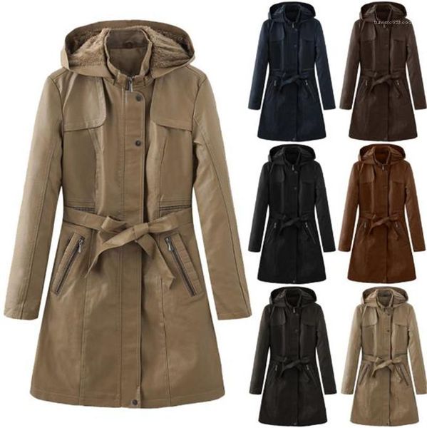 

windreaker с капюшоном 20fw женская верхняя одежда пальто из искусственной кожи женские длинные пальто сплошного цвета середина длиной длино, Black