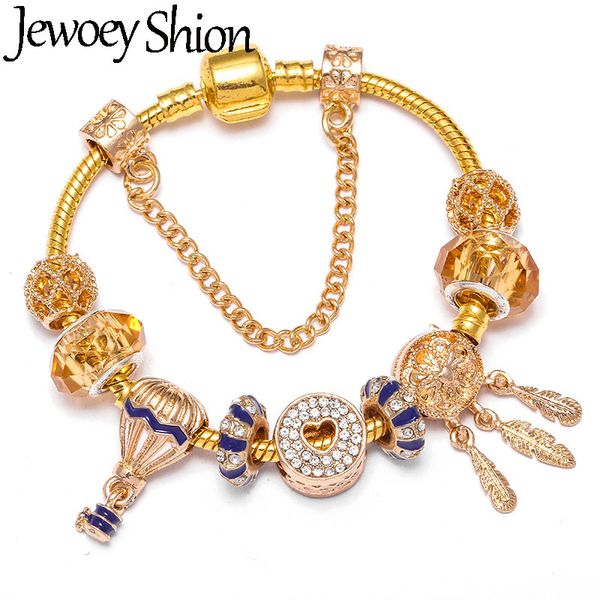 

jewoey shion new fashion inlaid zircon air balloon pendant gold color charm bracelets fits brand bracelets for women jewelry, Golden;silver