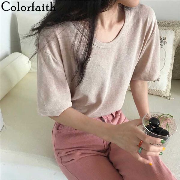 

colorfaith new 2020 women spring summer t-shirts solid multi colors bottoming casual fashionable loose minimalist t6040, White