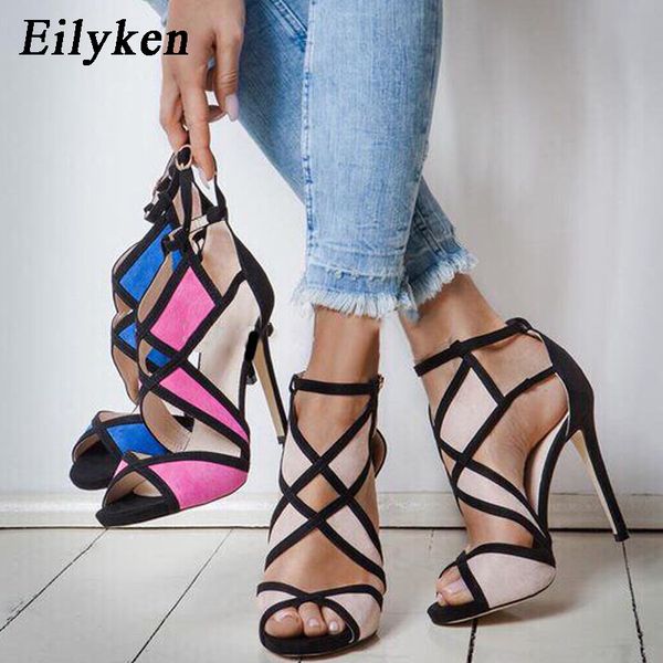 

eilyken women summer high heel sandals buckle strap high heel shoes woman ankle strap hollow out buckle sandal size 35-40 0922, Black