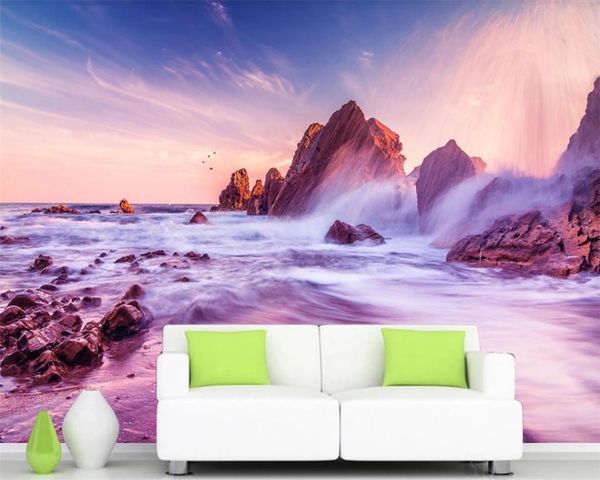 Wallpaper 3D Paesaggio 3D Wallpaper HD Camera Viola Rosa Beach Paesaggio marino paesaggio romantico decorativo murale Seta