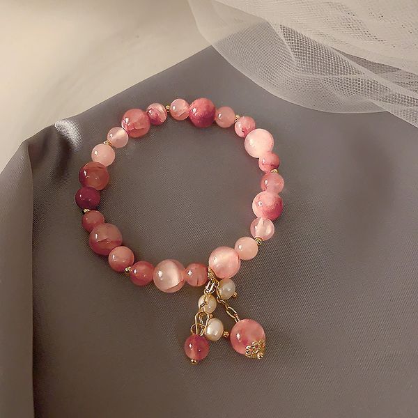 

natural pink crystal beaded bracelet peach blossom luck charm bracelet girl strawberry spar stone chain lover's gifts, Golden;silver