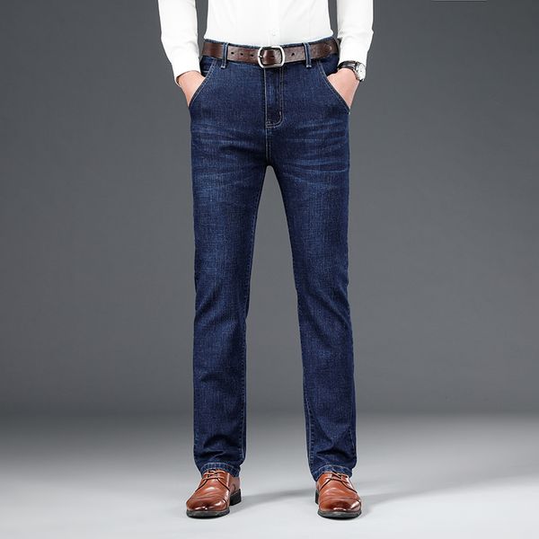

men's jeans autumn winter business straight loose casual trousers stretch slim middle-aged long pants denim, Blue